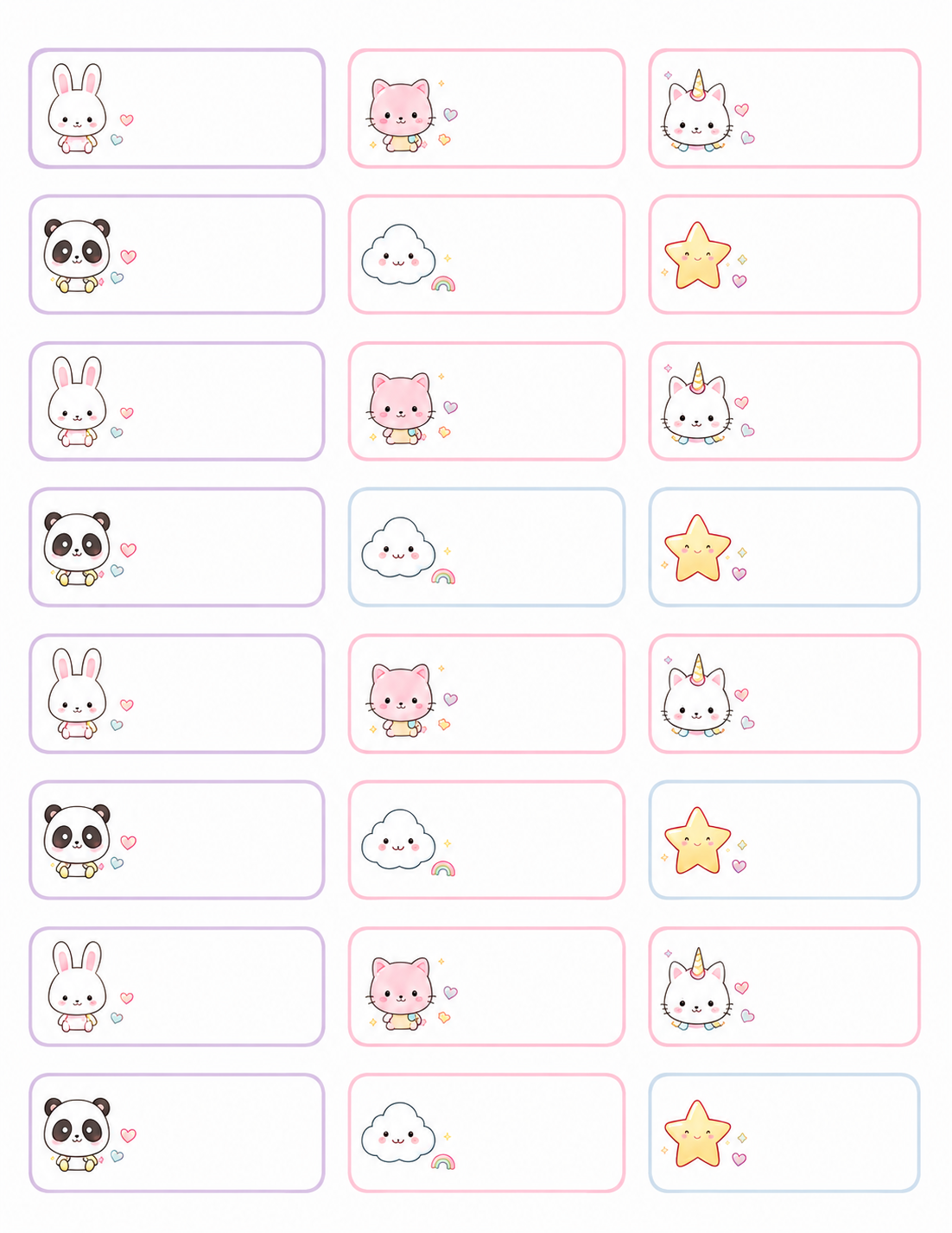 Aperçu des étiquettes scolaires — thème Kawaii